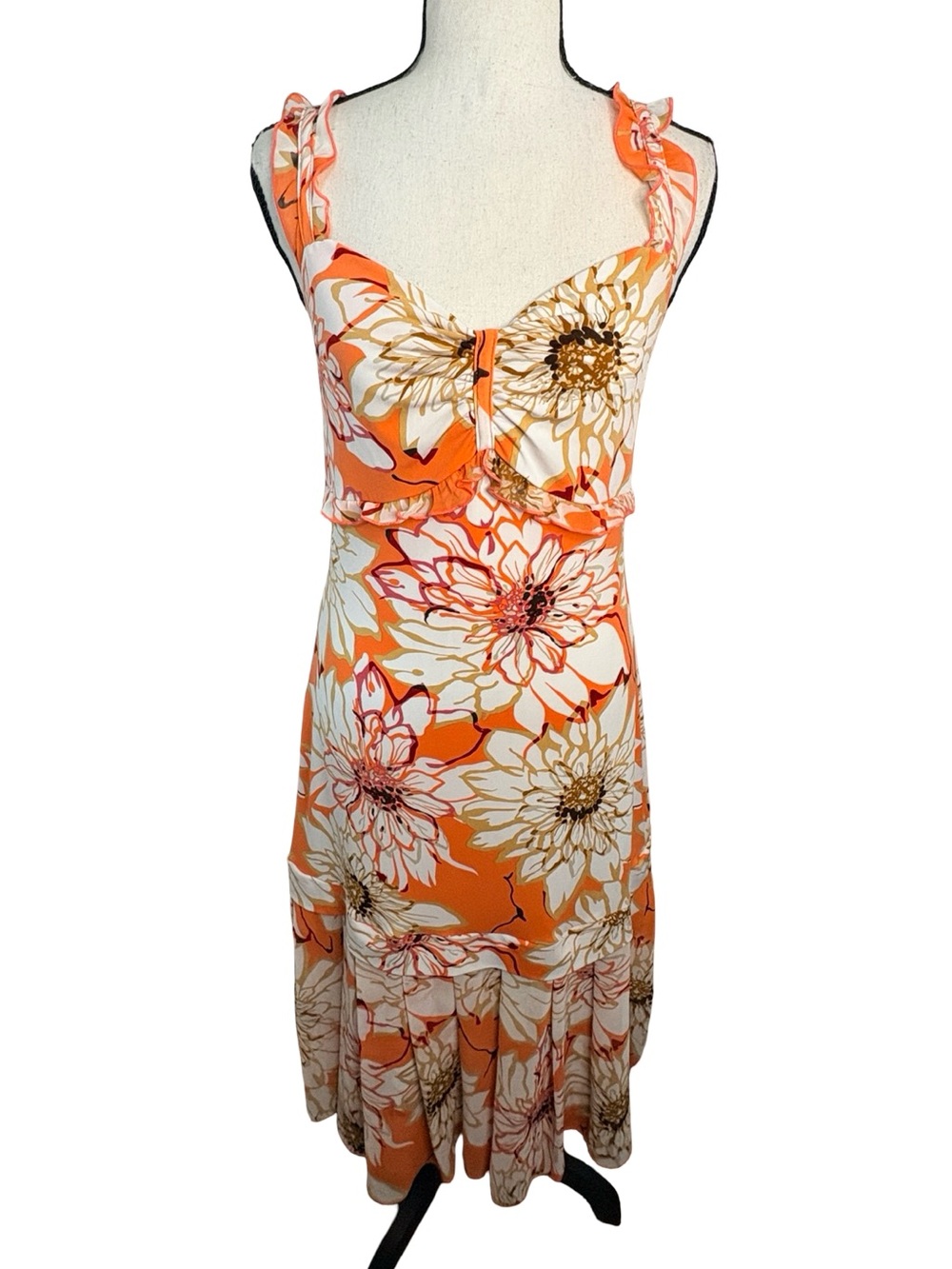 Vintage Svetlana Y2K Orange Floral Ruffle Midi Dress Made in Canada Size 10